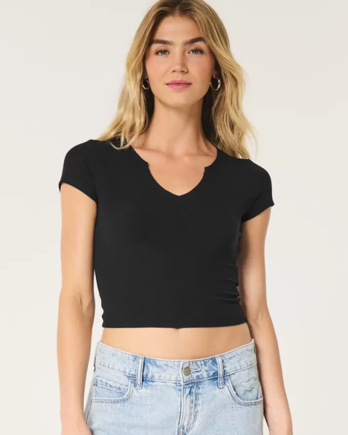 Ribbed Seamless Fabric Notch Neck Baby Tee,Ribbed Seamless Fabric Notch Neck Baby Tee Ribbed Seamless Fabric Notch Neck Baby Tee,Ribbed Seamless Fabric Notch Neck Baby Tee