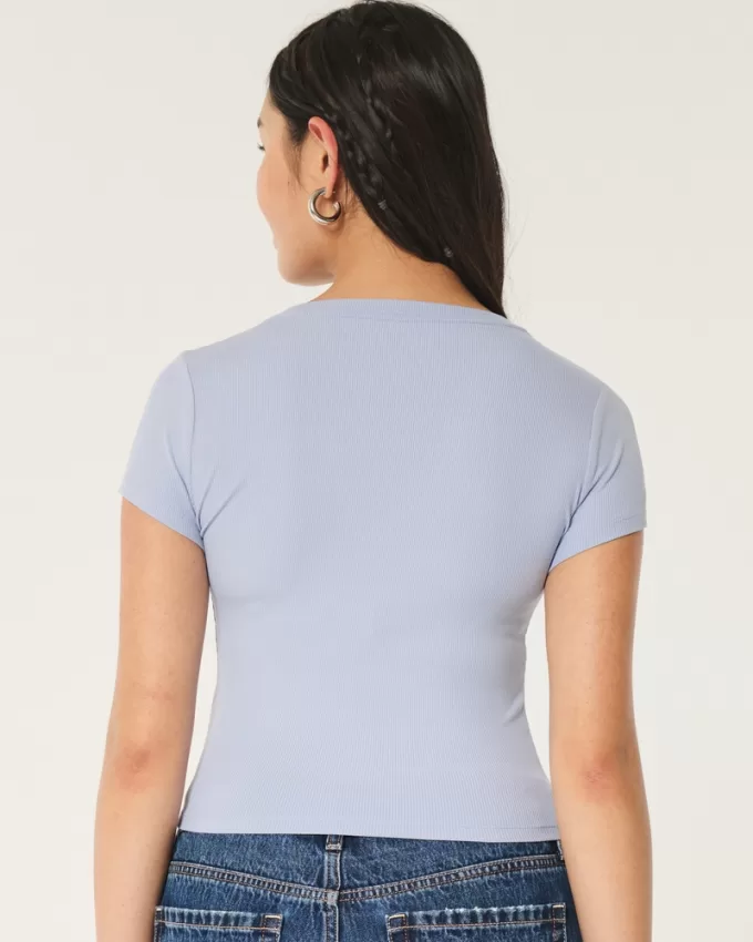 Ribbed Seamless Fabric Notch Neck Baby Tee,Ribbed Seamless Fabric Notch Neck Baby Tee Ribbed Seamless Fabric Notch Neck Baby Tee,Ribbed Seamless Fabric Notch Neck Baby Tee