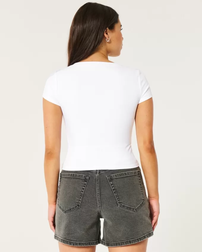 Ribbed Seamless Fabric Notch Neck Baby Tee,Ribbed Seamless Fabric Notch Neck Baby Tee Ribbed Seamless Fabric Notch Neck Baby Tee,Ribbed Seamless Fabric Notch Neck Baby Tee