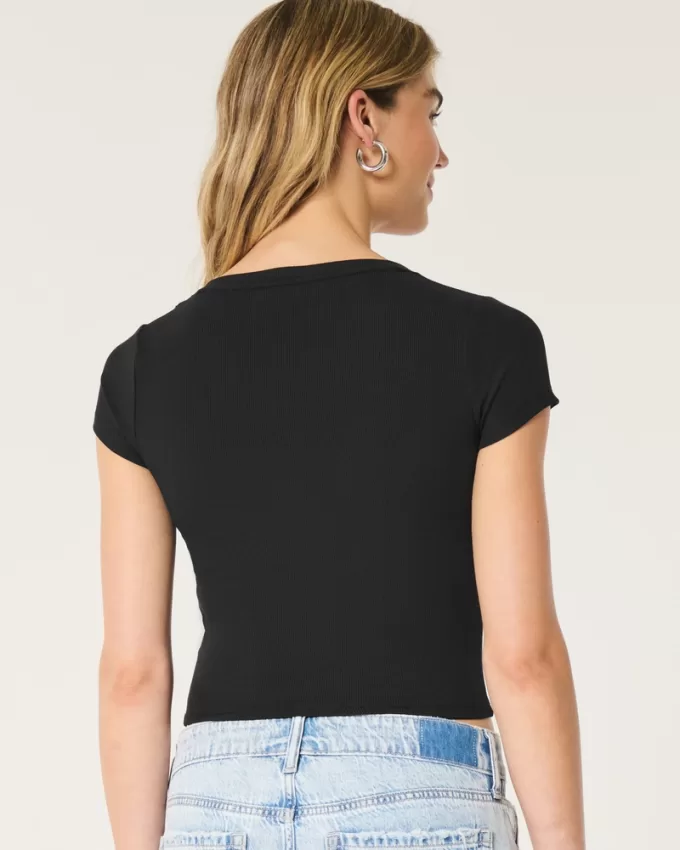 Ribbed Seamless Fabric Notch Neck Baby Tee,Ribbed Seamless Fabric Notch Neck Baby Tee Ribbed Seamless Fabric Notch Neck Baby Tee,Ribbed Seamless Fabric Notch Neck Baby Tee