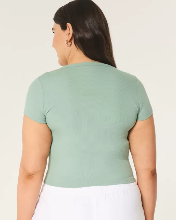 Ribbed Seamless Fabric Notch Neck Baby Tee,Ribbed Seamless Fabric Notch Neck Baby Tee Ribbed Seamless Fabric Notch Neck Baby Tee,Ribbed Seamless Fabric Notch Neck Baby Tee