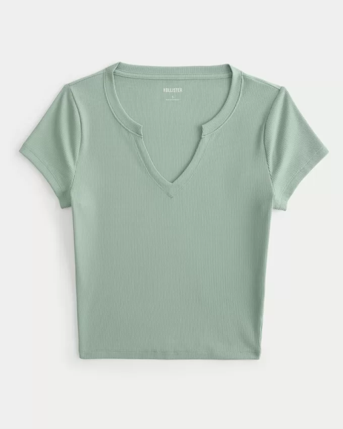 Ribbed Seamless Fabric Notch Neck Baby Tee,Ribbed Seamless Fabric Notch Neck Baby Tee Ribbed Seamless Fabric Notch Neck Baby Tee,Ribbed Seamless Fabric Notch Neck Baby Tee