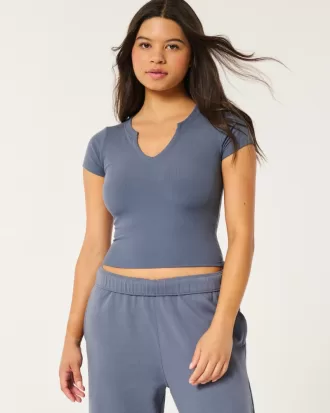 Ribbed Seamless Fabric Notch Neck Baby Tee,Ribbed Seamless Fabric Notch Neck Baby Tee Ribbed Seamless Fabric Notch Neck Baby Tee,Ribbed Seamless Fabric Notch Neck Baby Tee