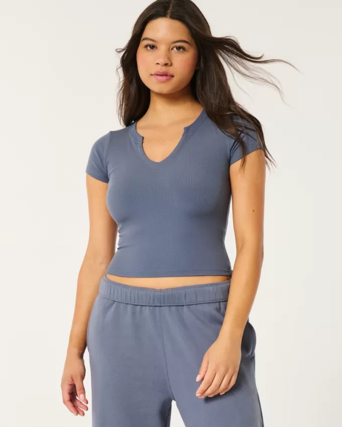 Ribbed Seamless Fabric Notch Neck Baby Tee,Ribbed Seamless Fabric Notch Neck Baby Tee Ribbed Seamless Fabric Notch Neck Baby Tee,Ribbed Seamless Fabric Notch Neck Baby Tee