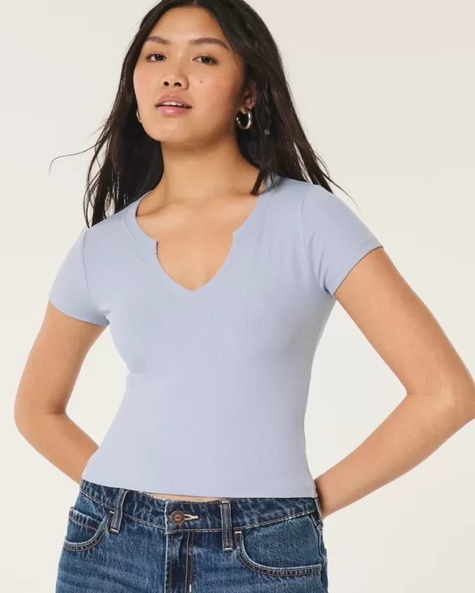 Ribbed Seamless Fabric Notch Neck Baby Tee,Ribbed Seamless Fabric Notch Neck Baby Tee Ribbed Seamless Fabric Notch Neck Baby Tee,Ribbed Seamless Fabric Notch Neck Baby Tee