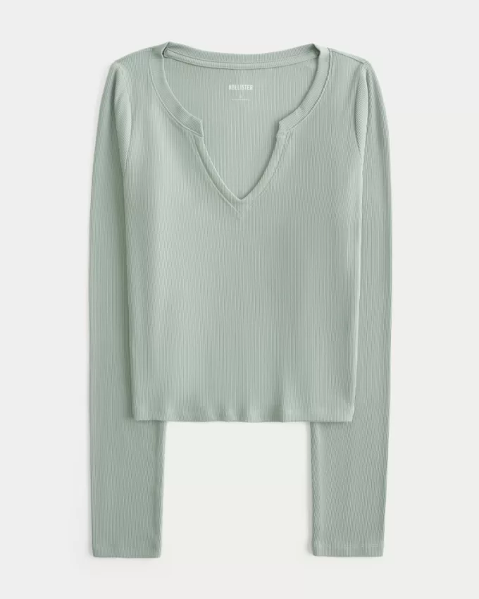 Ribbed Seamless Fabric Notch-Neck Top,Ribbed Seamless Fabric Notch-Neck Top Ribbed Seamless Fabric Notch-Neck Top,Ribbed Seamless Fabric Notch-Neck Top