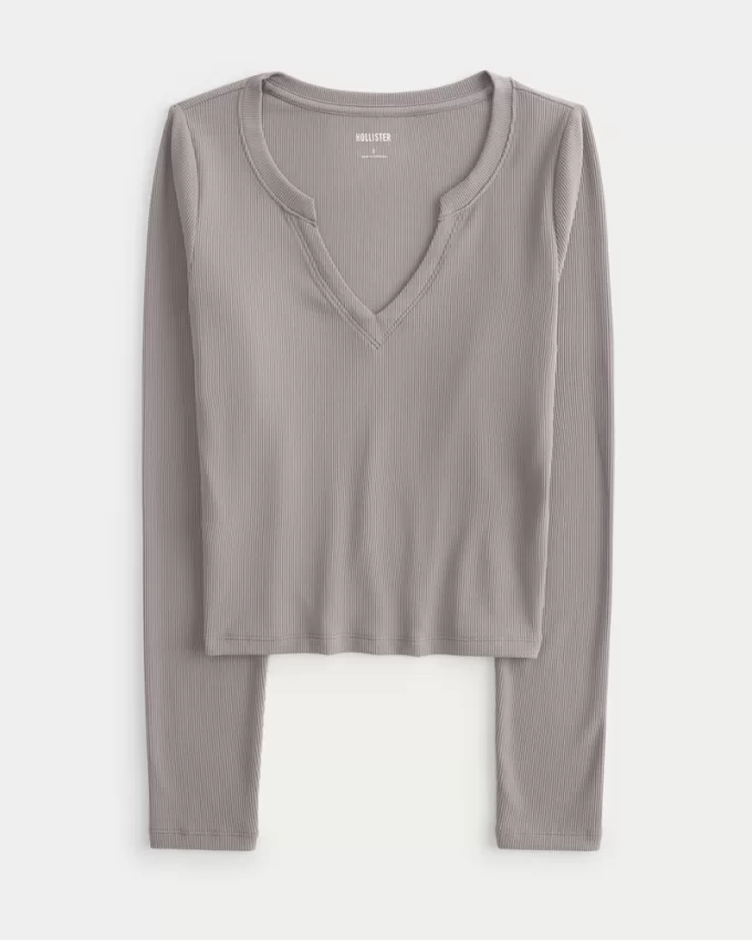 Ribbed Seamless Fabric Notch-Neck Top,Ribbed Seamless Fabric Notch-Neck Top Ribbed Seamless Fabric Notch-Neck Top,Ribbed Seamless Fabric Notch-Neck Top