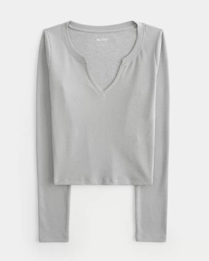 Ribbed Seamless Fabric Notch-Neck Top,Ribbed Seamless Fabric Notch-Neck Top Ribbed Seamless Fabric Notch-Neck Top,Ribbed Seamless Fabric Notch-Neck Top