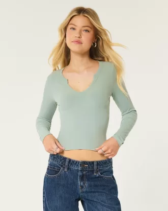 Ribbed Seamless Fabric Notch-Neck Top,Ribbed Seamless Fabric Notch-Neck Top Ribbed Seamless Fabric Notch-Neck Top,Ribbed Seamless Fabric Notch-Neck Top