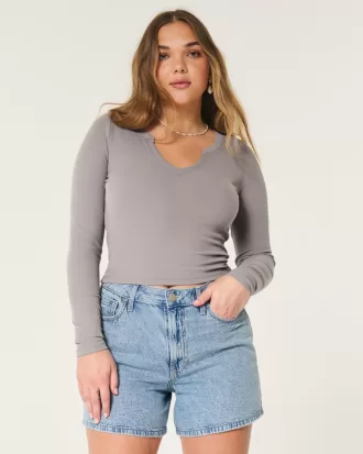 Ribbed Seamless Fabric Notch-Neck Top,Ribbed Seamless Fabric Notch-Neck Top Ribbed Seamless Fabric Notch-Neck Top,Ribbed Seamless Fabric Notch-Neck Top