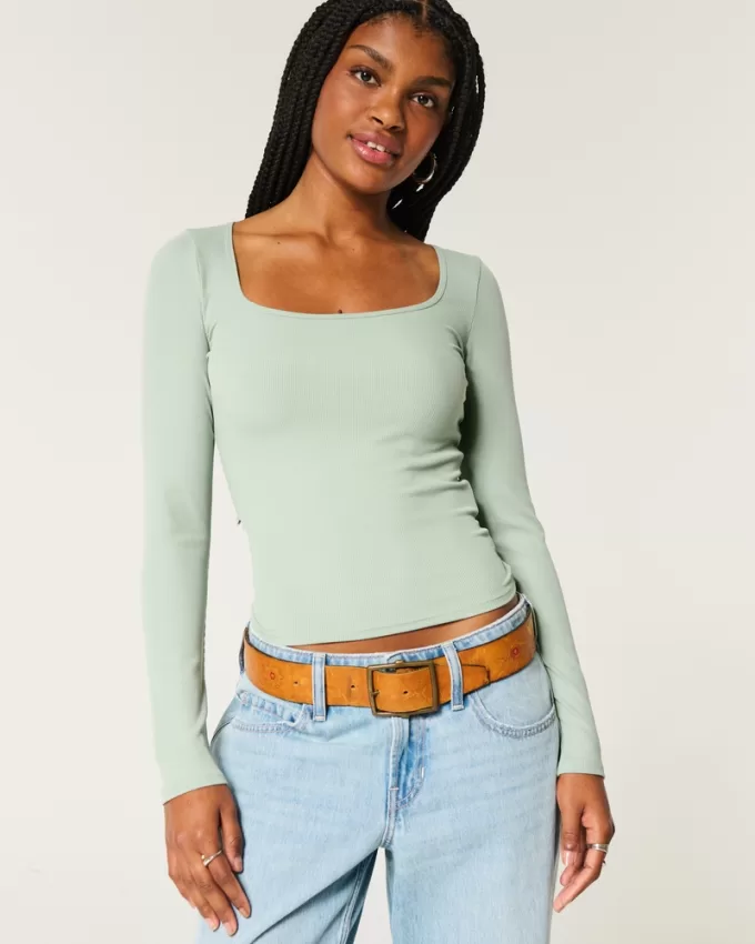 Ribbed Seamless Fabric Square-Neck Top,Ribbed Seamless Fabric Square-Neck Top Ribbed Seamless Fabric Square-Neck Top,Ribbed Seamless Fabric Square-Neck Top