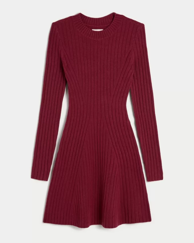 Ribbed Skater Mini Sweater Dress,Ribbed Skater Mini Sweater Dress