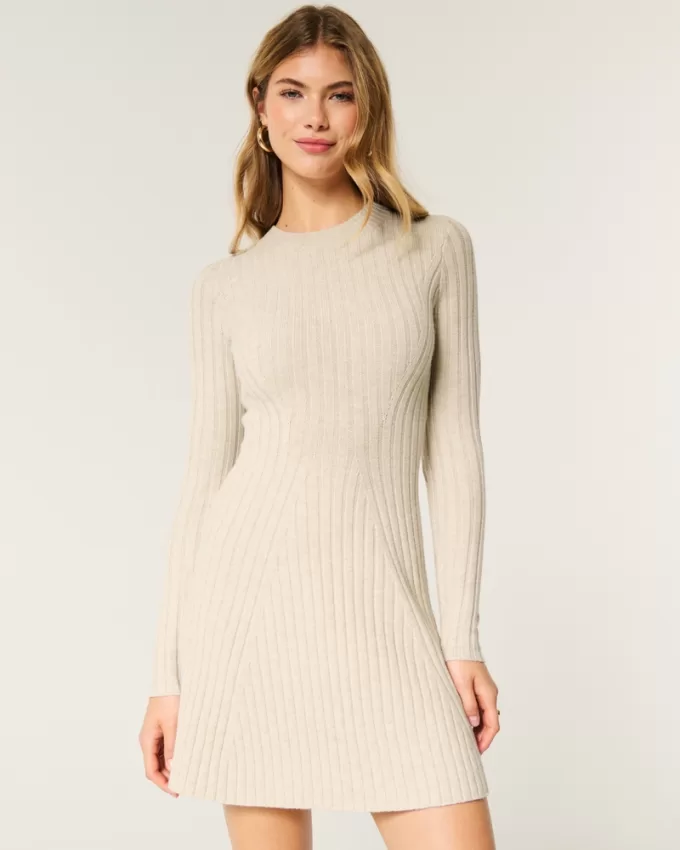 Ribbed Skater Mini Sweater Dress,Ribbed Skater Mini Sweater Dress