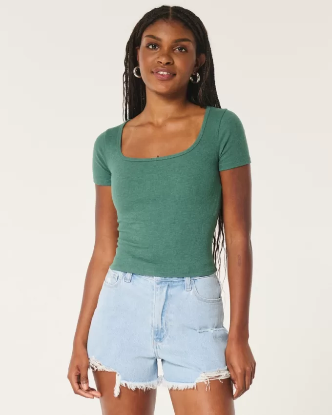 Ribbed Square-Neck Baby Tee,Ribbed Square-Neck Baby Tee Ribbed Square-Neck Baby Tee,Ribbed Square-Neck Baby Tee