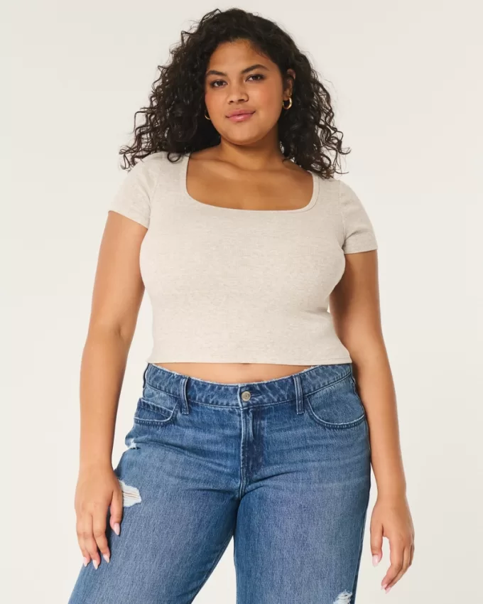Ribbed Square-Neck Baby Tee,Ribbed Square-Neck Baby Tee Ribbed Square-Neck Baby Tee,Ribbed Square-Neck Baby Tee