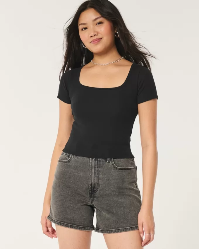 Ribbed Square-Neck Baby Tee,Ribbed Square-Neck Baby Tee Ribbed Square-Neck Baby Tee,Ribbed Square-Neck Baby Tee