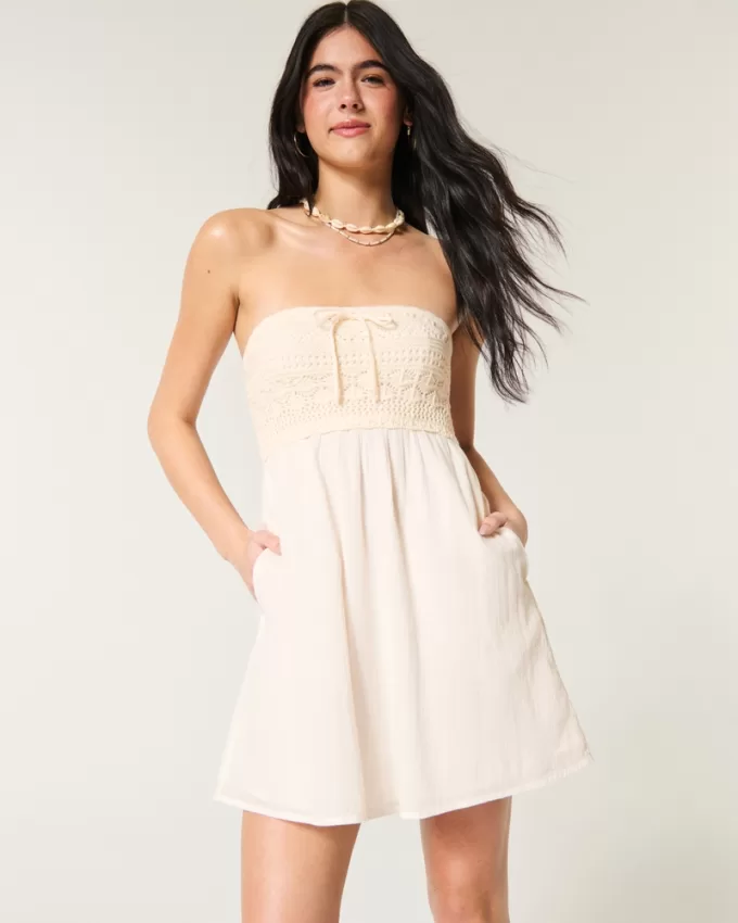 Strapless Crochet-Style Mix Mini Dress,Strapless Crochet-Style Mix Mini Dress Strapless Crochet-Style Mix Mini Dress,Strapless Crochet-Style Mix Mini Dress