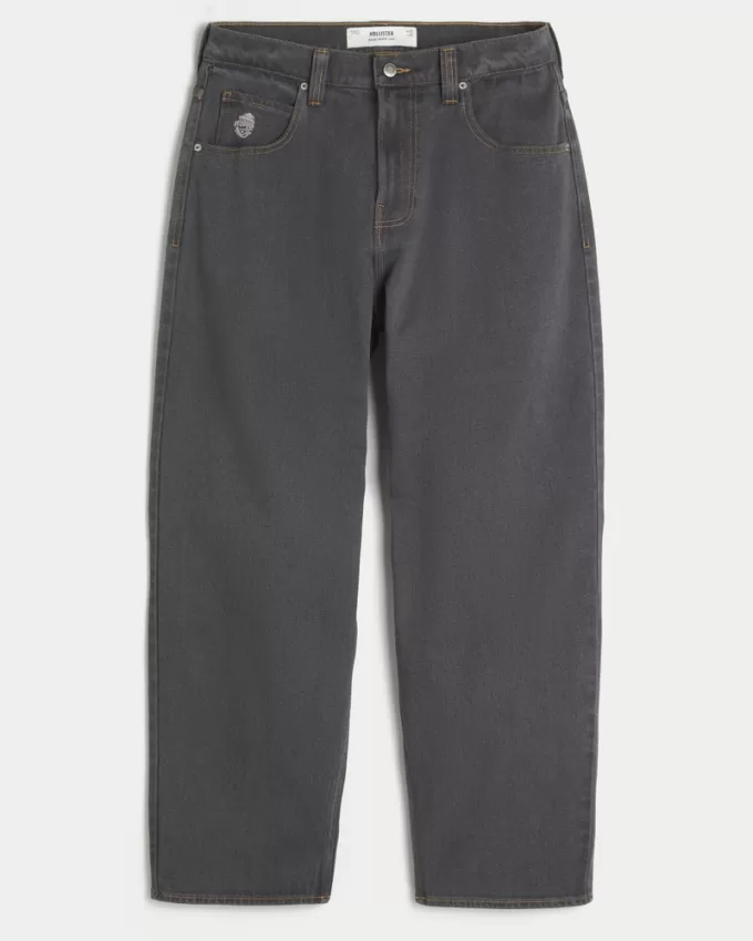 Washed Black Embroidered Baggy Skater Jeans,Washed Black Embroidered Baggy Skater Jeans